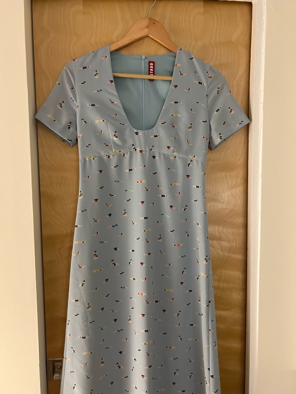 STAUD Powder Blue Short Sleeve Midi Dress with Multicolor Micro Print